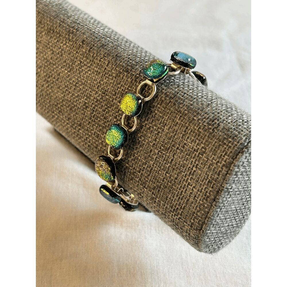 Sterling Sliver Multi-Color Gem Chain Bracelet, Unique, Colorful. 7.5 Inches